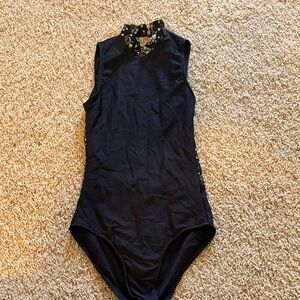 Black Sleeveless Leotard with Floral Collar- Wear Moi